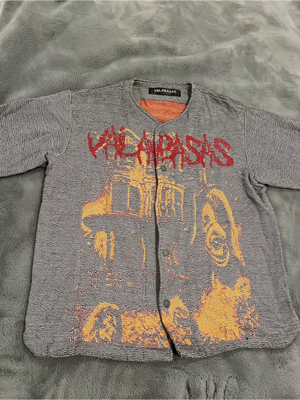 Valabasas Men's Gray Graphic Print Logo Jacket Button Front Band Collar L